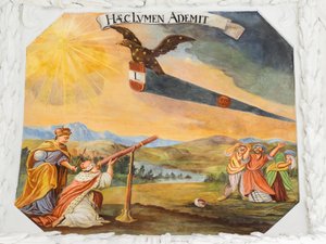 Loftsfreskomaleri i midtergangen til Skt. Catherines kirke, allegoriske afbildninger af kejser Leopold I