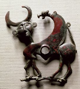 Kindstykke af en hestebid i form af et menneskehovedet udyr, fra Luristan, det vestlige Iran, ca. 800-700 f.Kr. (bronze) af Unbekannt