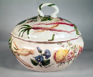 Chelsea-suppeterrin med botanisk dekoration, ca. 1753-57 (porcelæn) (se 105489 for låg) af Unbekannt