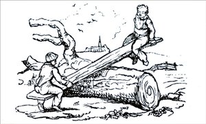 Børn leger på en tidlig vippe af Unbekannt