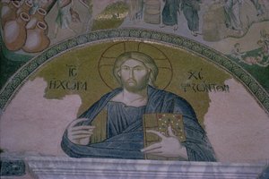 Kristus i Majestæt, mosaik over døren til narthexen til den byzantinske kirke St. Saviour of the Chora (foto) af Unbekannt