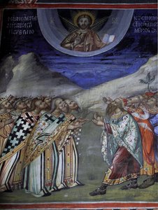 Kristus i herlighed kontrollerer de timelige og åndelige kræfter Byzantinsk fresko fra Agios Ioannis Lampadistis kloster, Saint-John Lampadistis 11. århundrede Cypern Malede kirker UNESCO-sted Troodos, Cypern af William M. Timlin
