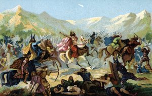 Clovis I (466-511), frankernes konge, svor under slaget ved Tolbiac i 496 mod den germanske stamme alamanerne, at han ville konvertere i tilfælde af sejr. Slutningen af det 19. århundrede (kromolitografi) af Unbekannter Künstler