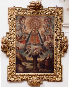 Kollegial kirke. Inde. Maleri. (Vor Frue af Håbet). Tekst i en medaljon: “PORTRÆT ALL THE MIL CROSA Imajen DNUESTRA S DL Esperanza A Similar to Fernando de ZILLLa Faña iezi rodela Villa Riue mde el Tajo ter mi?to esta villa”. underskrevet? og af Unbekannt