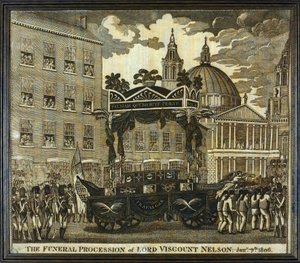 Mindelommetørklæde med påskriften "Lord Viscount Horatio Nelsons (1758-1805) begravelsesoptog, 9. januar". af Unbekannter Künstler