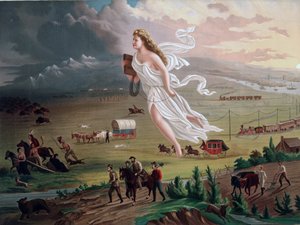 Begrebet Manifest Destiny: Allegorisk kvindeskikkelse med elektrisk telegrafledning fører amerikanske pionerer og jernbaner vestpå, indianere og bøfler og bjørne trækker sig tilbage foran dem. Kromolitografi fra ca. 1873.