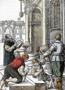 Opførelse af en katedral, stenskærere i det 13. 14. århundrede (gravering) af Unbekannter Künstler