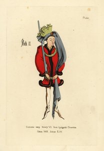 Kostume af kong Richard II, kort sagt hel tunika kantet med pels, bælte ved hofterne med bælte, spidse sko, rund hovedbeklædning med lang hale og krone af stof skåret i form af blade af Unbekannt
