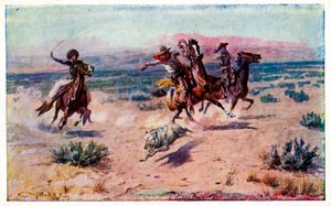 Cowboys på hesteryg, der binder en ulv til sig af Unbekannter Künstler