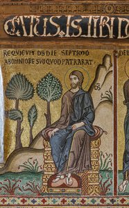 Cyklus af mosaikker i Det Gamle Testamente, Skabelsens cyklus: "Skaberens hvile på den syvende dag", XII århundrede, Palatinerkapellet, Det Kongelige Palads eller Palazzo dei Normanni (Normannernes Palads), Palermo, Sicilien, Italien ( Foto) af Unbekannter Künstler