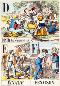 D E F: Diner des Moissonneurs, Ecurie, Fenaison - "Alphabet of the farm" slutningen af ​​det 19. århundrede (gravering) af Unbekannt