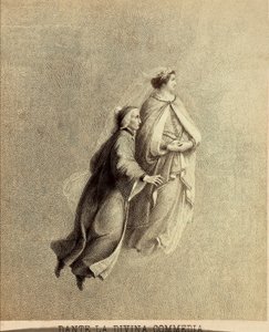 Dante og Beatrice flyver gennem Paradisets himmelhvælv. Illustration af Canto I af Paradiso i Den guddommelige komedie af Dante Alighieri. Et værk af Franceso Scaramuzza dedikeret til Firenzes kommune. af Unbekannter Künstler