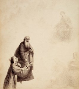 Dante, assisteret af Sankt Bernhard, ser Beatrice sidde på en trone blandt de velsignede, i en glorie af lys. Illustration af Canto XXXI i Paradiso i Den guddommelige komedie af Dante Alighieri. Et værk af Francesco Scaramuzza dedikeret til Firenzes kommun af Unbekannter Künstler