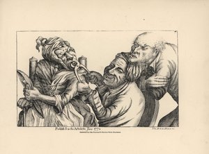 Tandlæge griner, mens han bruger en tang til at trække en dårlig tand ud af munden på en gammel kvinde. Kobberstik efter en satirisk illustration af Timothy Bobbin (John Collier) (1708-1786) fra Human Passions Delineated, John Haywood, Manchester. af Unbekannter Künstler