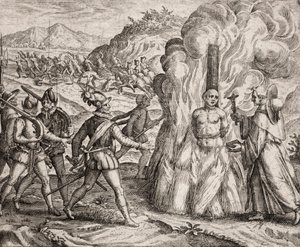 Beskrivelse af forbrydelserne påført indianerne af de spanske kolonister - Conquistadorer brænder en indianer på bålet, som nægtede at konvertere til den katolske tro. Franciskanerordenens religiøse (gravering) ""Narratio regionum indicarum per Hispano af Unbekannt
