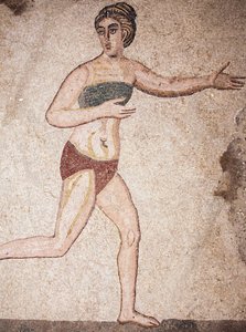 Detalje af De Ti Pigers Kammer eller mosaikken af "Bikini-pigerne". Løb. 3. - 4. århundrede. Romersk villa i Casale, Sicilien. UNESCO-sted. af Unbekannt