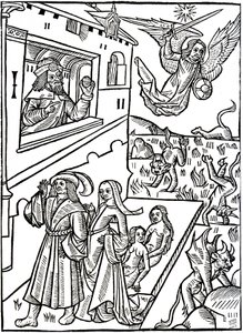 Djævle forfølges af Ærkeenglen Sankt Michael, mens mennesker fortsætter deres aktiviteter