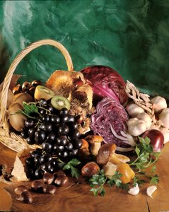 Kost: stilleben af sorte druer, hvidløg, løg, fed hvidløg, persille, champignon, kastanje, kiwi og rødkål. af William M. Timlin
