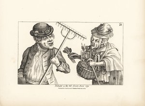 Den fordrukne bonde Jones køber hele lageret af træredskaber af den gamle, skeløjede Nan. Kobberstik efter en satirisk illustration af Timothy Bobbin (John Collier) (1708-1786) fra Human Passions Delineated, John Haywood, Manchester. af Unbekannter Künstler