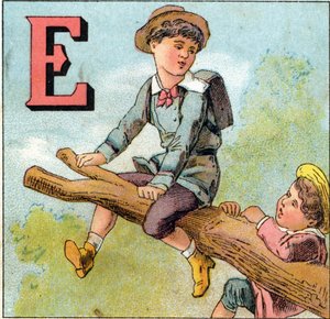 E-bogstaver: dreng i balance på en trægren. Indgravering i "Alphabet des petits ecoliers". Billeddannelse af Epinal, ca. 1885. Privee Collection af Unbekannt