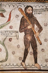 Ego sonto un homo salvadego per natura, chi me ofende ge fo pagura (jeg er vild mand af natur, dem, der fornærmer mig, vil jeg sætte frygt), fresco, Homo Salvadego museum, Sacco, Cosio Valtellino, Lombardiet, Italien af Benjamin Baud