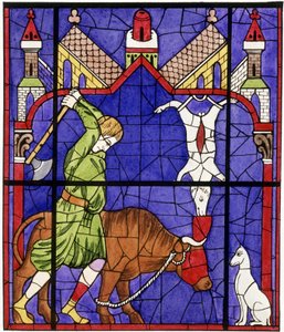 Faksimile af et farvet glasvindue i Notre-Dame de Chartres-katedralen, der forestiller en slagter af Unbekannter Künstler