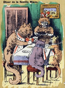 Familiemiddag miav. Illustreret alfabet. Billeder genforenet i Jarville-Nancy, begyndelsen af det 20. århundrede. Mål: 40 x 29 cm. Litografi på bistre baggrund af Unbekannt