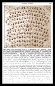 Første zionistkongres i Basel 1897. Theodor Herzl optræder i centrum af montagen af delegerede og ledere af Unbekannter Künstler