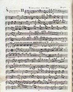 Første side af partitur for violin i symfoni nr. 2 af J Haydn af Unbekannter Künstler