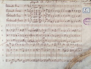 Første side af partituret for fire celloer af Symphony n. 7 da A-dur, op. 92, af Ludwig van Beethoven af Unbekannter Künstler
