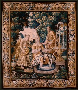 flamsk gobelin. Suzanna og den ældste (Suzanna og de ældste). Atelier af Oudenaarde. 254x220 cm. Inv (82968)-2 00003.