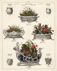 Blomsterstativer, blomsterfade, vaser og jardinieres. Litografi fra et katalog over metalprodukter fremstillet af Wuerttemberg Metalware Factory, Geislingen, Tyskland. af Unbekannter Künstler