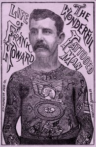 Frank Howard den vidunderlige tatoverede mand, ca. 1900 (farve litho) af Unbekannt