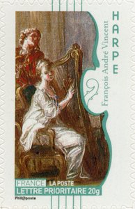 Fransk frimærke, der viser en kvinde, der spiller på harpe, fra et maleri af den franske kunstner François-André Vincent - af Unbekannt