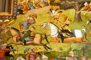 Fresco; Shah Ismail på en hvid hest i slaget ved Taher Abad; 1510; mod usbekerne i Merv; Chehel Sotoun; Fyrre Søjler Palace; Isfahan; Iran; Asien af Unbekannt