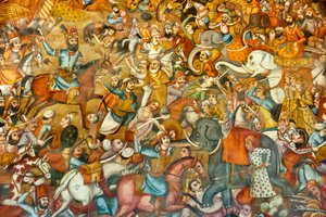 Fresco; kamp; slaget ved Nadir Shah i slaget ved Karnal; 1739; på en hest; mod Sultan Mohammed Shah Gurkani på en hvid elefant; Chehel Sotoun; Fyrre Søjler Palace; Isfahan; Iran; Asien af Unbekannt