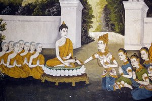 Fresko, der viser en scene fra Buddhas liv i Wat Phra Doi Suthep, Chiang Mai. Buddha modtager almisse. Thailand af Unbekannt