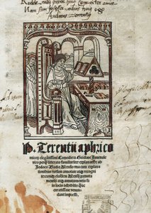 Frontispice af komedier af den komiske digter Terence (Publius Terentius Aferer) (190-145 f.Kr.). Forfatteren er repræsenteret. af Unbekannt