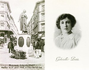 Gabrielle Petit og monumentet rejst til hendes ære i Bruxelles, mindekort, ca. 1925 (litho) af Unbekannter Künstler