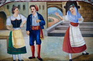 Galant scene med udklædte figurer, træpanelmaleri, siciliansk kunsthåndværk, Sicilien, Italien, Detalje af William M. Timlin
