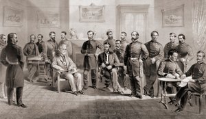 General Ulysses S. Grant (siddende i midten til højre) og general Robert E. Lee (siddende i midten til venstre) med deres respektive stab ved Appomattox Courthouse, Virginia, hvor general Lee overgav Army of North Virginia og dermed afsluttede den amerikan af Unbekannt