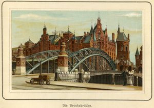 Tyskland, Hamborg, "Brooksbruecke" (Brooks-broen) og i baggrunden havnens lagerbygninger, kaldet "Speicherstadt", ca. 1890 (litografi) af Unbekannter Künstler