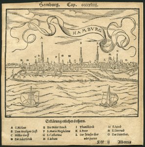Tyskland, Hamborg, udsigt til byen, i forgrunden floden Elben, illustration fra Cosmographia af Sebastian Münster (Munster), ca. 1570 (stik) af Unbekannter Künstler