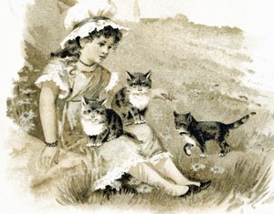 Pige vender tilbage med katte på knæ. Postkort omkring 1900. Kromolitografi af Unbekannt