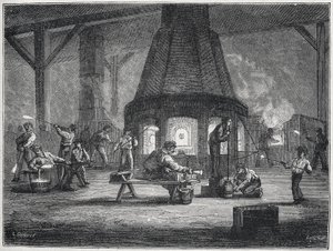 Glasfremstilling i anden halvdel af 1800-tallet: børn arbejder, ca. 1880 (kobberstik) af Unbekannter Künstler