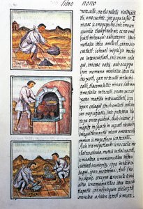 Guldbehandling af spansk, tekst i Nahuati, fra faksimile af manuskript General History of Things of New Spain, også kendt som Florentine Codex, af Bernardino de Sahagun af Benjamin Baud