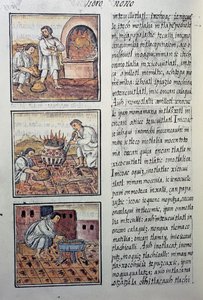 Guldproduktion af spanierne, side fra den florentinske Codex, tosproget version på spansk og Nahuatl, General History of the Things of New Spain, af den spanske missionær Fray Bernardino de Sahagun. Aztekisk civilisation af William M. Timlin