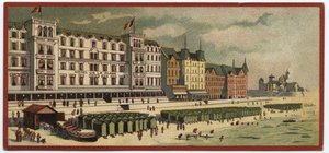 Store hoteller: udvendig udsigt af Hotel de la Plage i Oostende, Belgien - Kort over en serie, der præsenterer hotellerne i "Compagnie Internationale des Grands Hotels", slutningen af det 19.-begyndelsen af det 20. århundrede af William M. Timlin