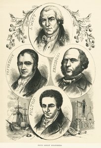 Store ingeniører og opfindere: James Watt, John Ericsson, Robert Fulton, Richard Trevithick, ca. 1880 (s/h-foto) af Unbekannt