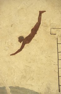 Græsk kunst: Fresko af dykkerens grav, Paestum, regionen Campagnie, Italien. Tomba del Tuffatore, vægmaleri, Paestum arkæologiske park, Campania, Italien
